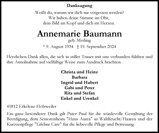 Traueranzeige von Annemarie Baumann von Zeitung am Sonntag