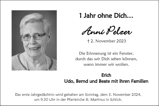 Traueranzeige von Anni Pelzer von Zeitung am Sonntag