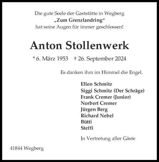 Traueranzeige von Anton Stollenwerk von Zeitung am Sonntag