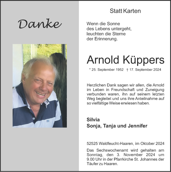 Traueranzeige von Arnold Küppers von Zeitung am Sonntag