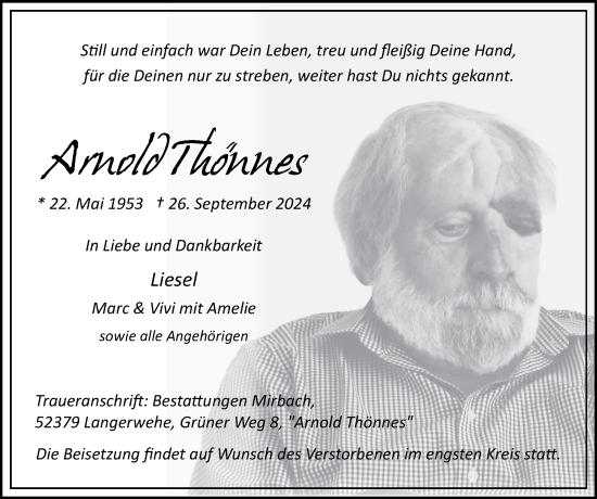 Traueranzeige von Arnold Thönnes von Zeitung am Sonntag