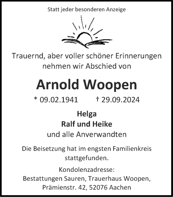 Traueranzeige von Arnold Woopen von Zeitung am Sonntag