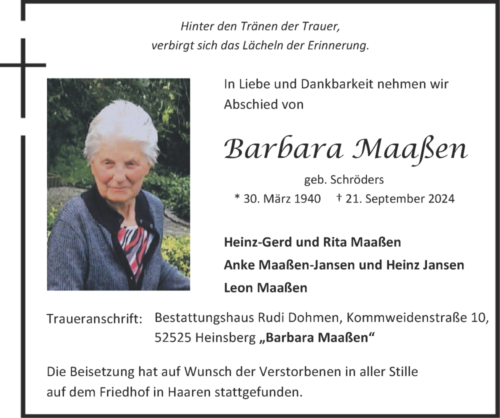  Traueranzeige für Barbara Maaßen vom 13.10.2024 aus Zeitung am Sonntag