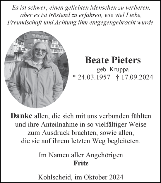 Traueranzeige von Beate Pieters von Zeitung am Sonntag