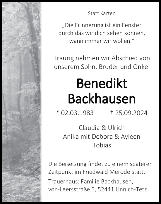 Traueranzeige von Benedikt Backhausen von Zeitung am Sonntag