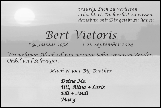 Traueranzeige von Bert Vietoris von Zeitung am Sonntag