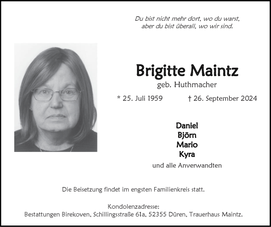 Traueranzeige von Brigitte Maintz von Zeitung am Sonntag