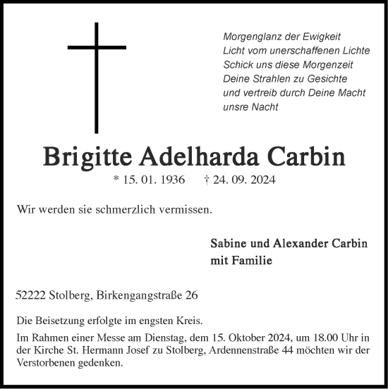 Traueranzeige von Brigitte Adelharda Carbin von Zeitung am Sonntag