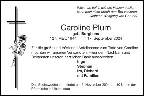 Traueranzeige von Caroline Plum von Zeitung am Sonntag
