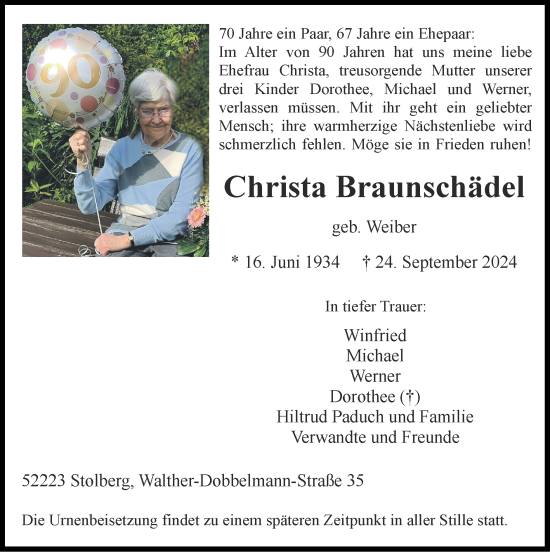 Traueranzeige von Christa Braunschädel von Zeitung am Sonntag