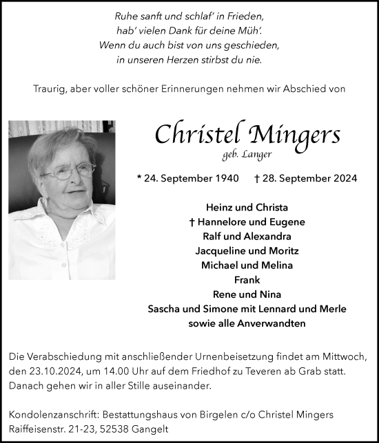 Traueranzeige von Christel Mingers von Zeitung am Sonntag