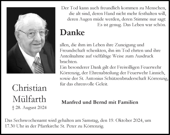 Traueranzeige von Christian Mülfarth von Zeitung am Sonntag