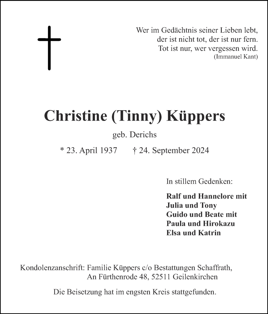  Traueranzeige für Christine Küppers vom 06.10.2024 aus Zeitung am Sonntag