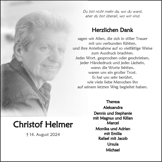 Traueranzeige von Christof Helmer von Zeitung am Sonntag