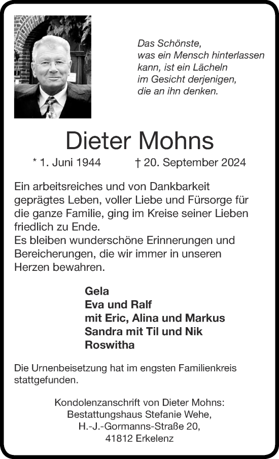 Traueranzeige von Dieter Mohns von Zeitung am Sonntag