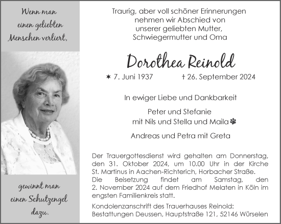 Traueranzeige von Dorothea Reinold von Aachener Zeitung
