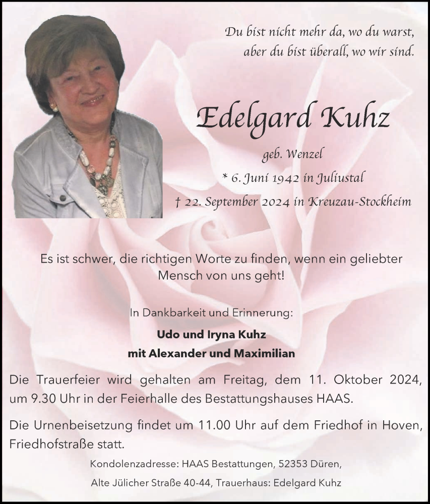  Traueranzeige für Edelgard Kuhz vom 06.10.2024 aus Zeitung am Sonntag