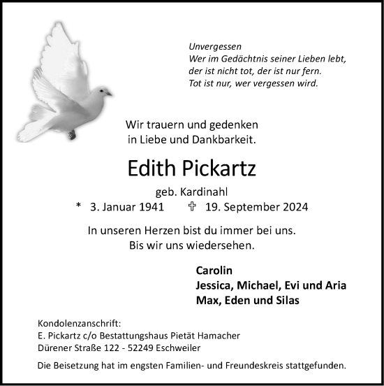 Traueranzeige von Edith Pickartz von Zeitung am Sonntag