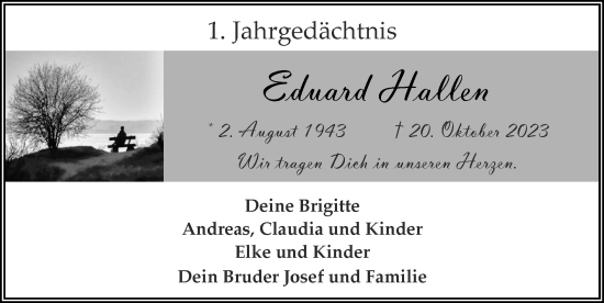 Traueranzeige von Eduard Hallen von Zeitung am Sonntag