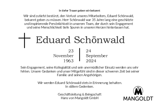 Traueranzeige von Eduard Schönwald von Aachener Zeitung