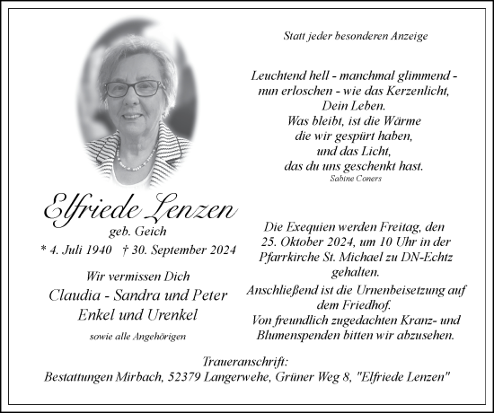 Traueranzeige von Elfriede Lenzen von Zeitung am Sonntag