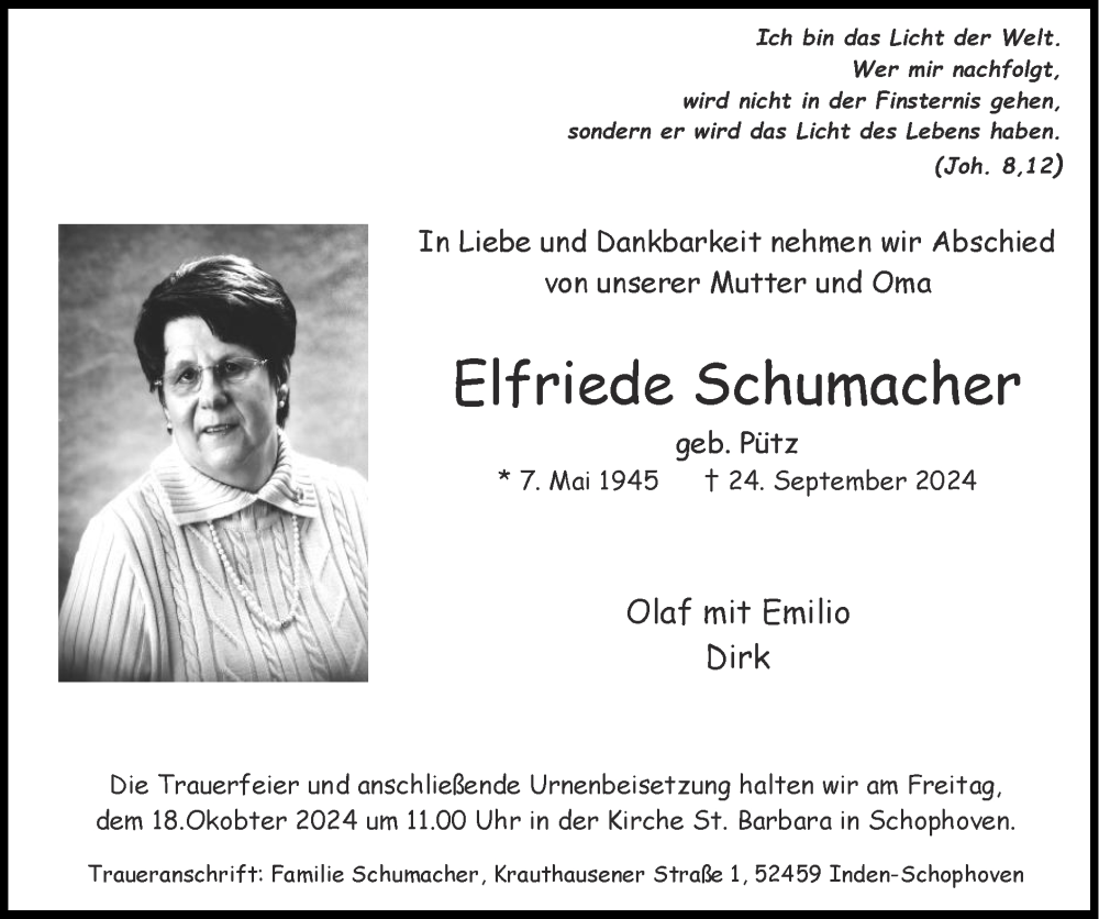  Traueranzeige für Elfriede Schumacher vom 13.10.2024 aus Zeitung am Sonntag