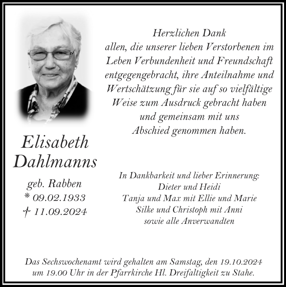 Traueranzeige für Elisabeth Dahlmanns vom 13.10.2024 aus Zeitung am Sonntag