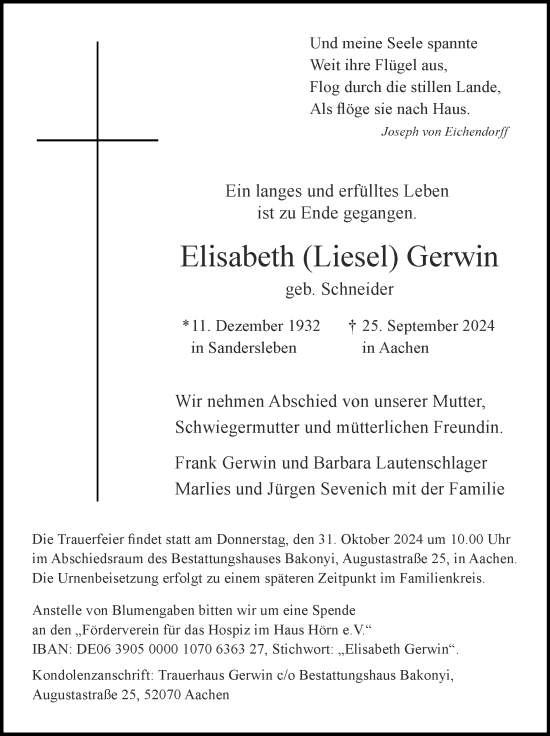 Traueranzeige von Elisabeth Gerwin von Zeitung am Sonntag