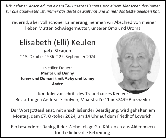 Traueranzeige von Elisabeth Keulen von Zeitung am Sonntag