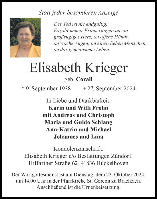 Traueranzeige von Elisabeth Krieger von Zeitung am Sonntag