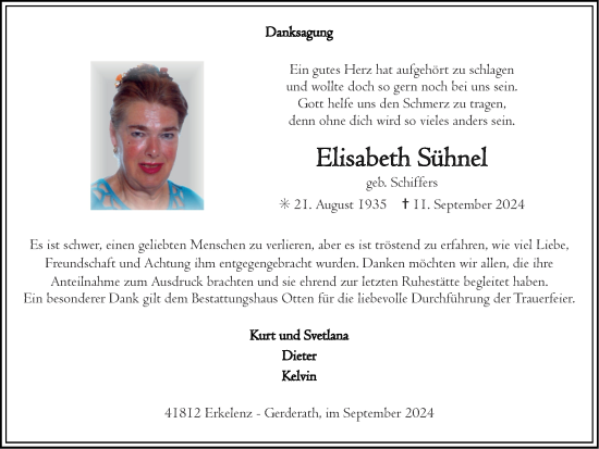 Traueranzeige von Elisabeth Sühnel von Zeitung am Sonntag
