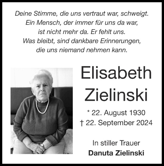Traueranzeige von Elisabeth Zielinski von Zeitung am Sonntag