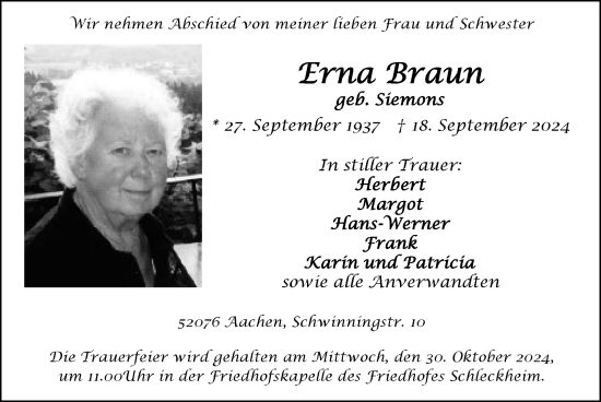 Traueranzeige von Erna Braun von Zeitung am Sonntag