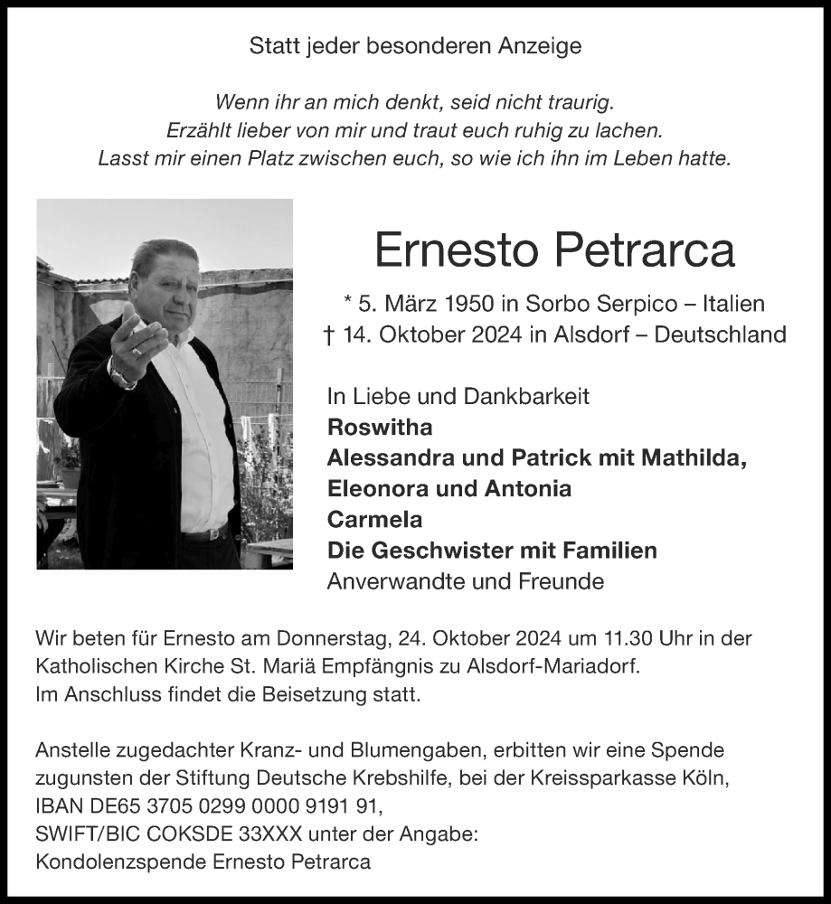 Traueranzeige für Ernesto Petrarca vom 20.10.2024 aus Zeitung am Sonntag