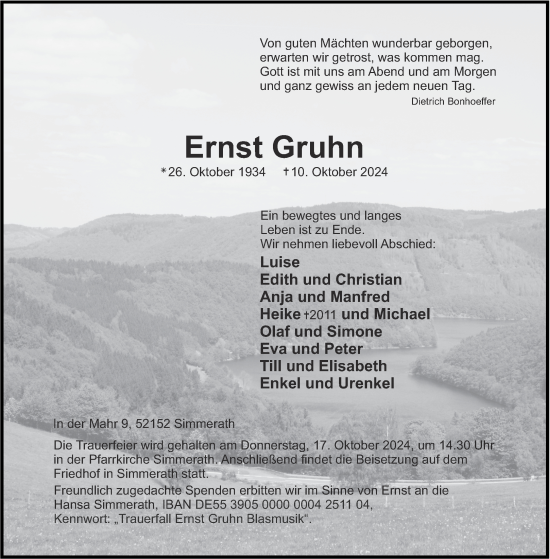 Traueranzeige von Ernst Gruhn von Aachener Zeitung