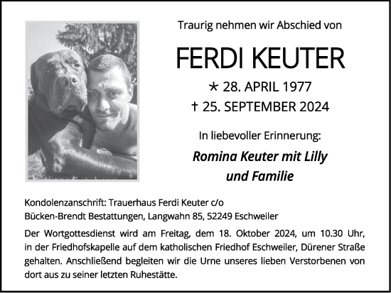 Traueranzeige von Ferdi Keuter von Zeitung am Sonntag