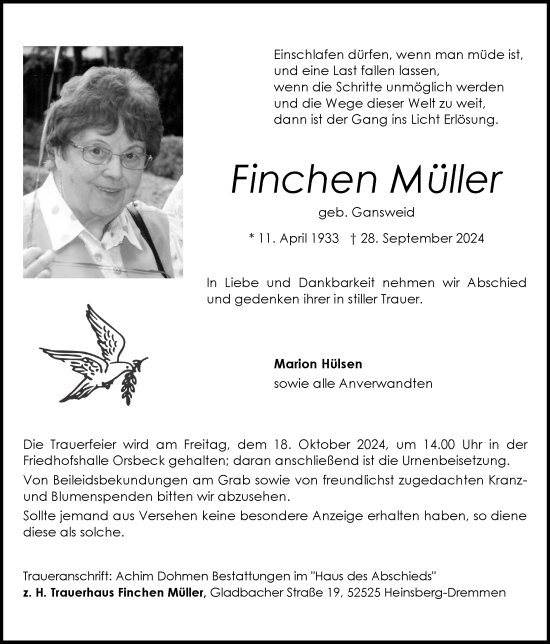 Traueranzeige von Finchen Müller von Zeitung am Sonntag