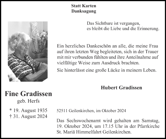 Traueranzeige von Fine Gradissen von Zeitung am Sonntag