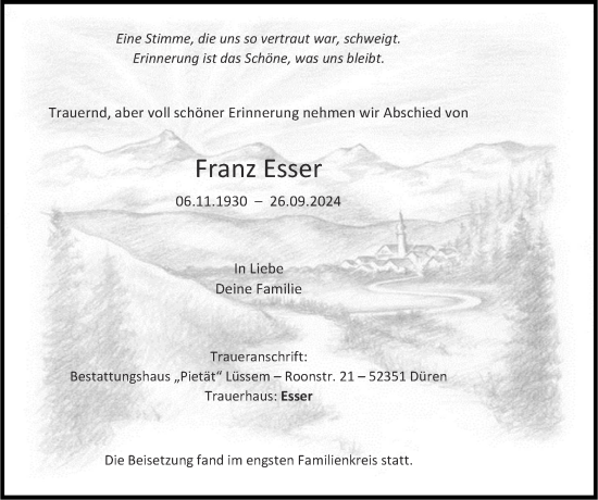 Traueranzeige von Franz Esser von Zeitung am Sonntag