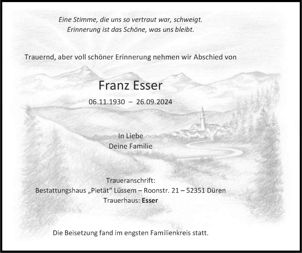  Traueranzeige für Franz Esser vom 27.10.2024 aus Zeitung am Sonntag