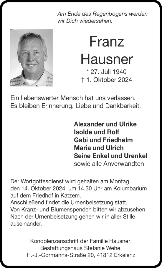 Traueranzeige von Franz Hausner von Zeitung am Sonntag