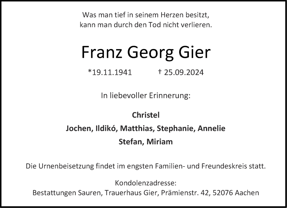 Traueranzeige für Franz Georg Gier vom 12.10.2024 aus Aachener Zeitung