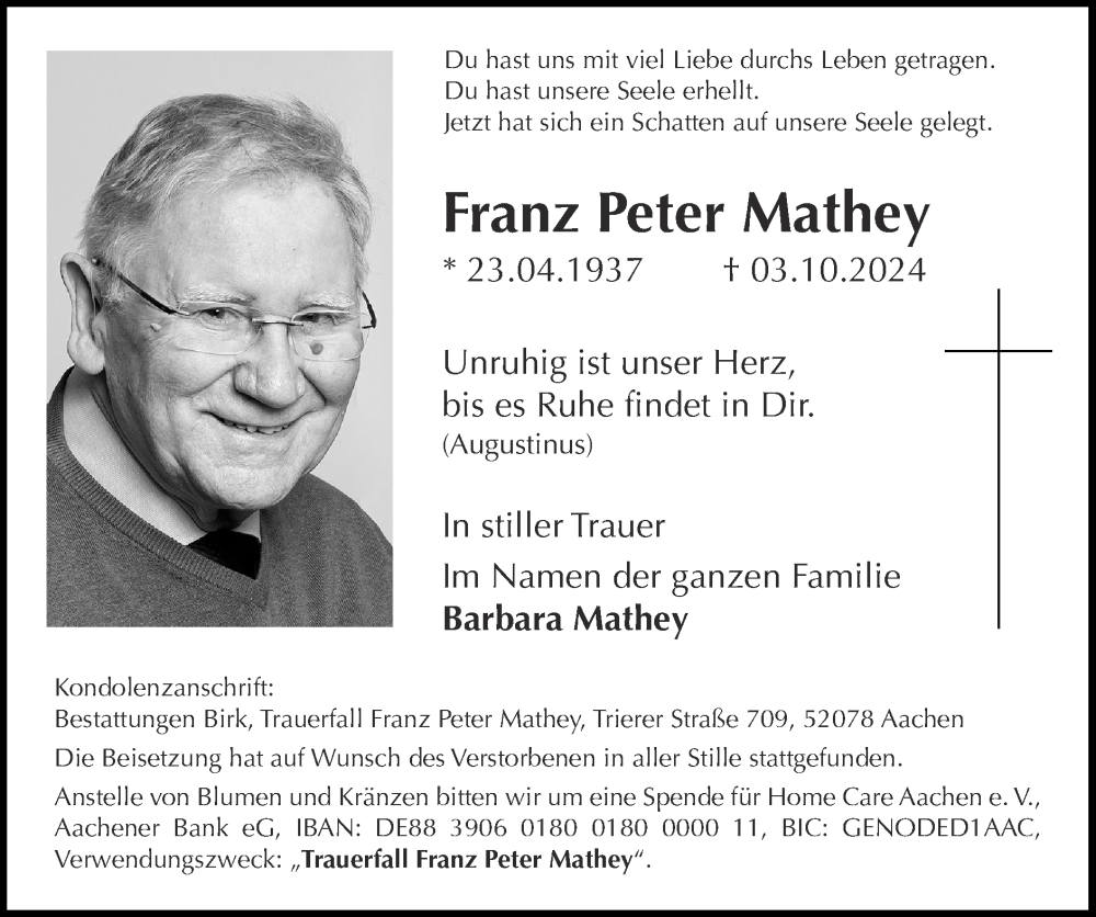  Traueranzeige für Franz Peter Mathey vom 13.10.2024 aus Zeitung am Sonntag