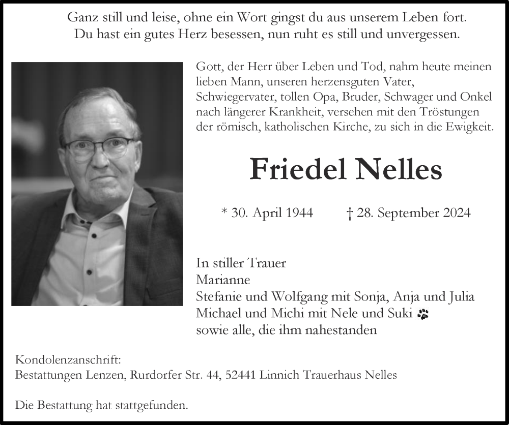  Traueranzeige für Friedel Nelles vom 06.10.2024 aus Zeitung am Sonntag