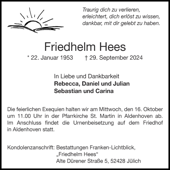 Traueranzeige von Friedhelm Hees von Zeitung am Sonntag