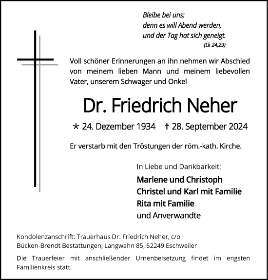 Traueranzeige von Friedrich Neher von Zeitung am Sonntag