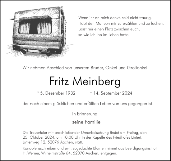 Traueranzeige von Fritz Meinberg von Aachener Zeitung