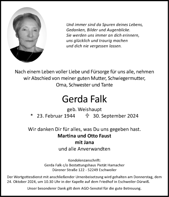 Traueranzeige von Gerda Falk von Zeitung am Sonntag