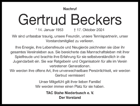 Traueranzeige von Gertrud Beckers von Zeitung am Sonntag