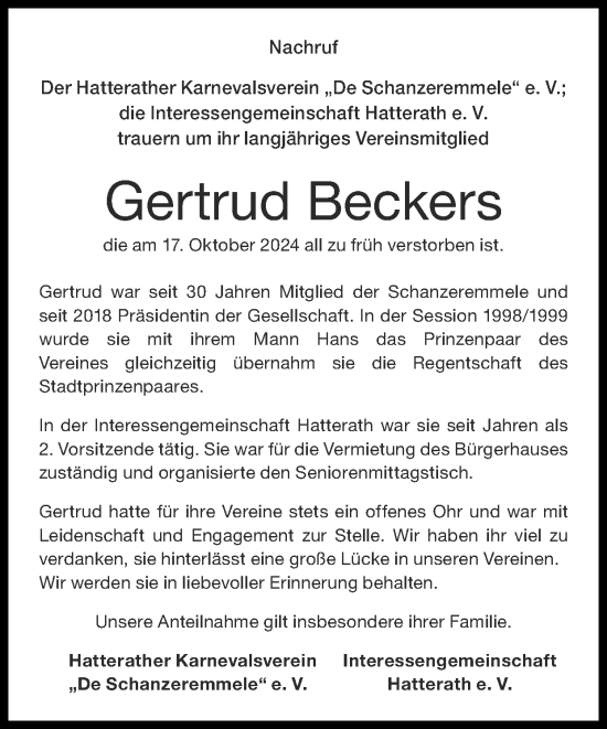 Traueranzeige von Gertrud Beckers von Zeitung am Sonntag